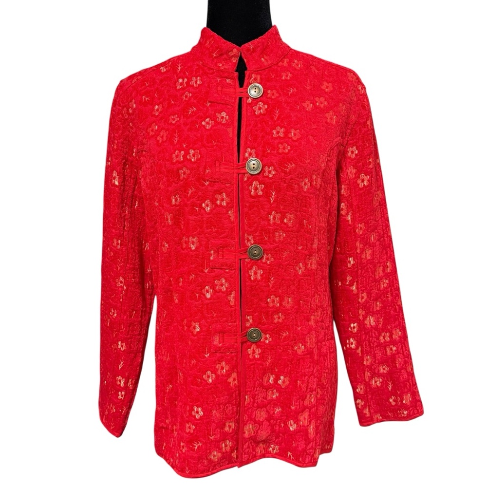 Chico’s Red Floral Jacquard Mandarin Collar Button Jacket Blazer Size 1